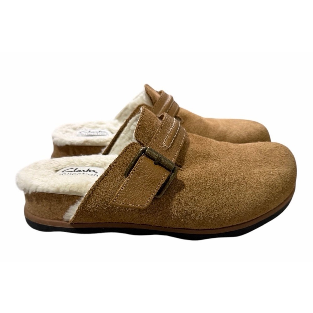 Clarks Brynn Slide Tan Suede/Faux Lining Slide Clog Shoes Women's Size‎ 6.5M